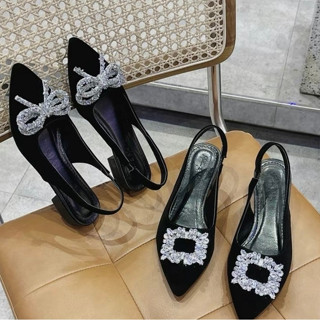 Giày Búp bê nữ Mũi nhọn Nơ Đính Đá sang chảnh chất nhung đế 3cm (fom chuẩn )