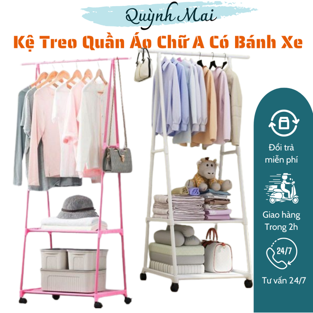 Kệ treo quần áo chữ A khung kim loại cao cấp 3 tầng có bánh xe tiện lợi, giá treo quần áo chất liệu chắc chắn