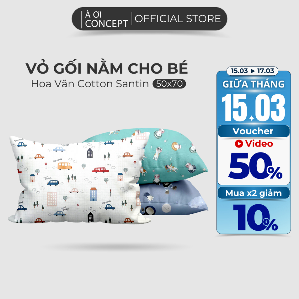 Vỏ Gối Cho Bé chất liệu Cotton Satin Hàn Quốc Cao Cấp À Ơi Concept Màu Trơn Size 35x50 cm Êm Dịu Hỗ Trợ Cổ