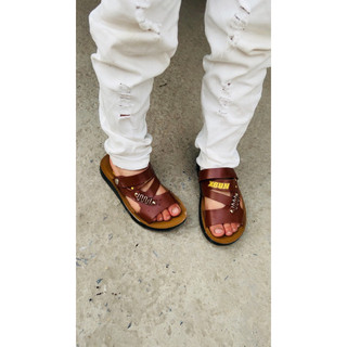 Sandal cho bé trái dép lê nam da quai ngang có quai sau màu nâu sang chảnh đế chống trượt khâu đế DL805
