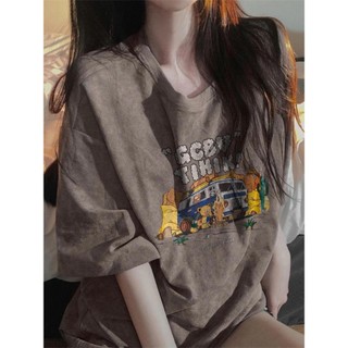 Áo thun cộc tay màu nâu in hình đáng yêu form rộng oversize hàng Quảng Châu