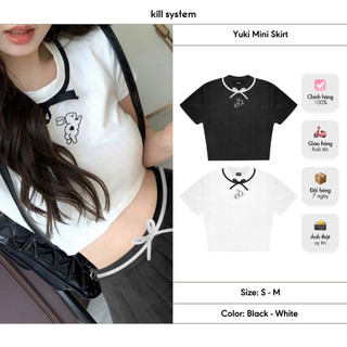 Áo thun croptop Yuki cổ đính nơ hình thêu thỏ Kill System chất thun len hàn co giãn màu trắng, đen