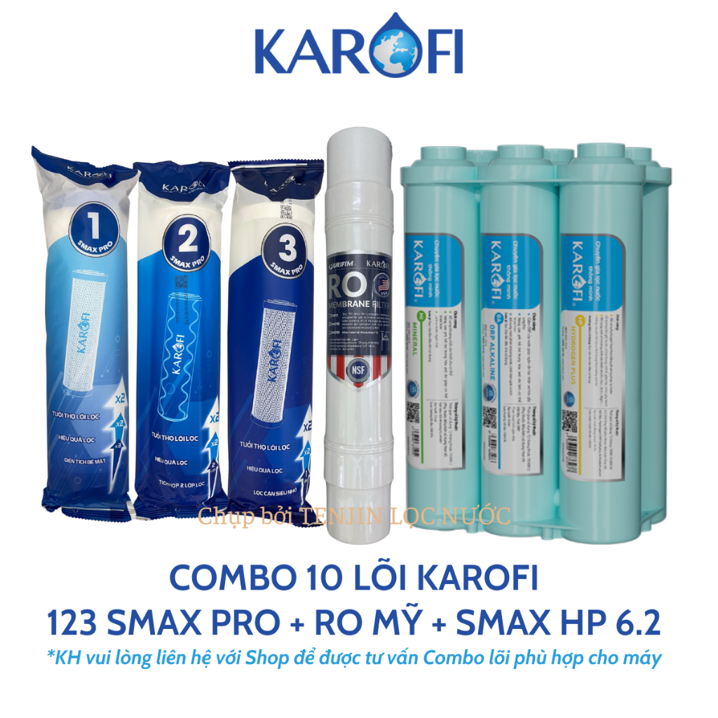 Combo 10 Lõi Lọc Nước Karofi Sử Dụng 123 Smax Pro, Màng RO 100GPD Purifim Mỹ Và Bộ Hiệu Suất Cao Smax HP 6.2