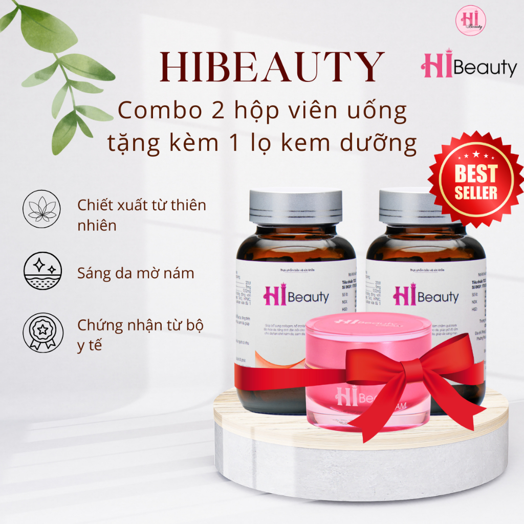 Combo 2 Hộp Viên Uống Hi Beauty tặng 1 lọ kem dưỡng da - Dưỡng trắng da, mờ nám, phục hồi da (hộp 30 viên)