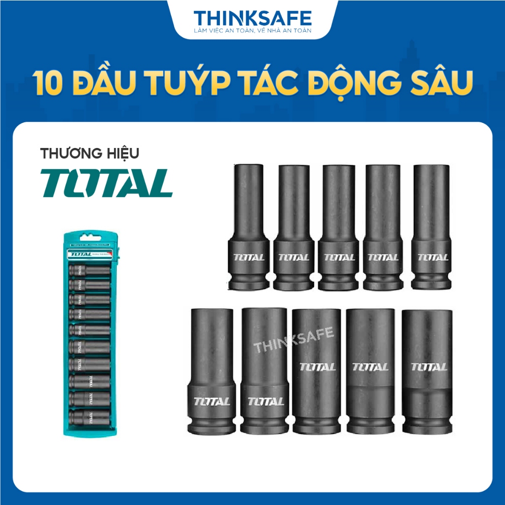 Bộ 10 đầu tuýp tác động sâu Impact DR Total 1/2 inch đa dạng kích cỡ, Đầu khẩu chất liệu thép CrMo,
