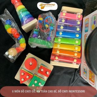 Combo đồ chơi gỗ, giáo dục thông minh montessorri đàn gỗ, sâu gỗ, khối vuông, đồng hồ gỗ, tháp gỗ, luồn hạt
