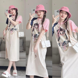 Đầm suông cộc tay in hình cô gái dễ thương chất thun cotton đẹp váy in 3D túi zip