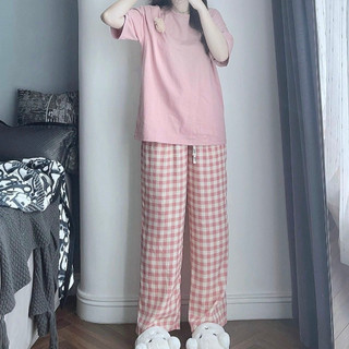 Set đồ nữ freesize áo thun cotton gắn gấu quần ống rộng kẻ caro, đồ bộ nữ áo thun rộng quần ống suông hai màu -130
