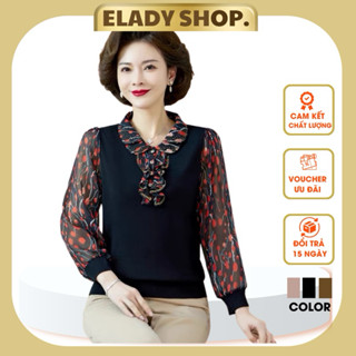 Áo trung niên nữ AD1021, Áo cho mẹ cho bà chất vải nhung phối tay voan cổ bèo cao cấp mềm mại, co giãn 4 chiều