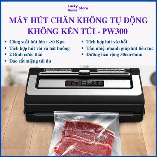 Máy hút chân không thực phẩm pw300a không kén túi hút mọi loại túi, 2 motor mạnh mẽ, chức năng cắt túi, hút tự động