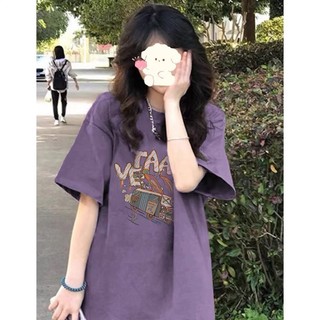 Áo thun nữ cộc tay màu tím in hình và chữ cute form rộng dài oversize hàng Quảng Châu