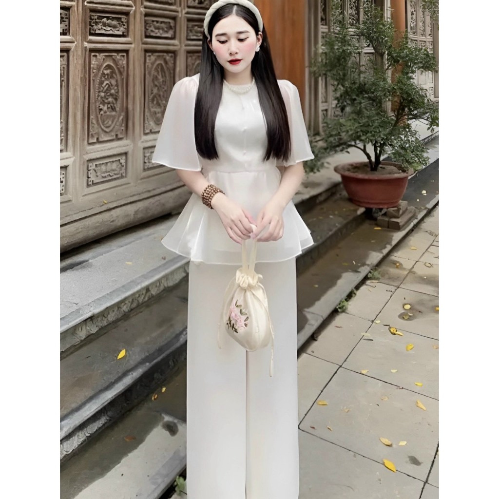 Sét Bộ Bà Ba Thiết Kế Nữ Áo Chất Voan Tơ Cổ Tròn Tay Loe Đính Nút Vạc Xòe Phối Quần Tuyết Nhung Dịu Dàng , Xinh Xắn
