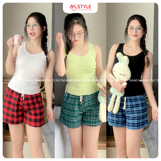 Đồ bộ mặc nhà, set đồ nữ áo ba lỗ phối quần short coton caro form bộ đùi asbn47 | asstyle fashion