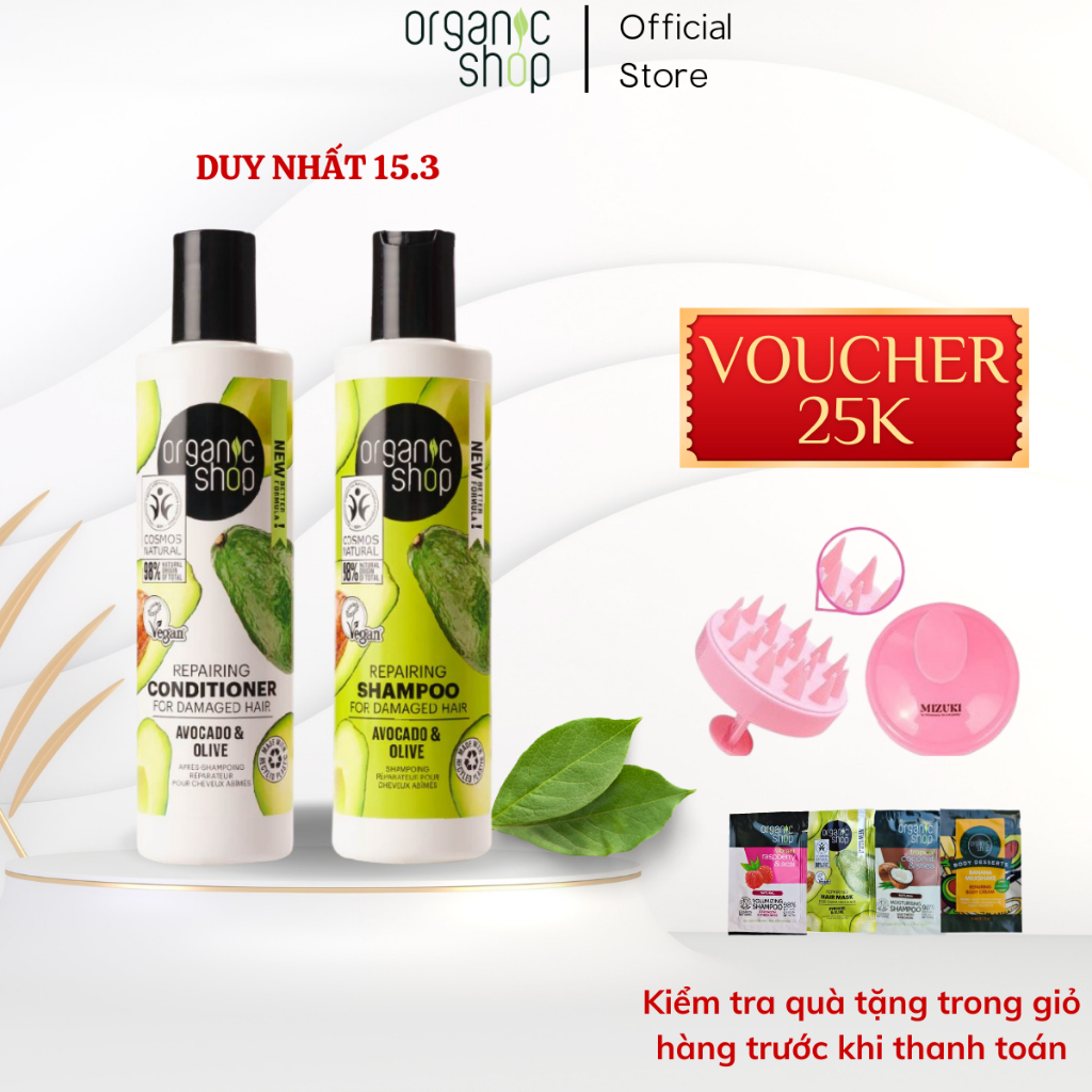 Combo PHỤC HỒI TÓC HƯ TỔN ORGANIC SHOP Dầu Gội Xả Bơ Hữu Cơ và Dầu Olive 280mlx2 Và Tẩy tế bào chết Da đầu 75ml