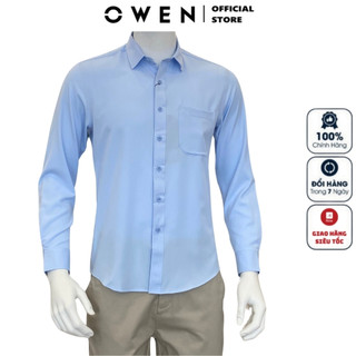 Áo sơ mi nam dài tay OWEN AR230018DT somi công sở cao cấp màu xanh nhạt trơn chất nano dáng suông tà lượn có túi
