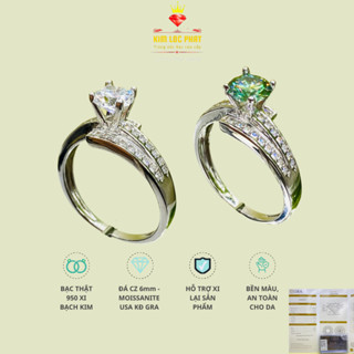 Nhẫn Moissanite màu trắng kiểu đai nối 6.5mm, Nhẫn bạc nữ xi bạch kim, Nhẫn kim cương nhân tạo moissanite màu xanh