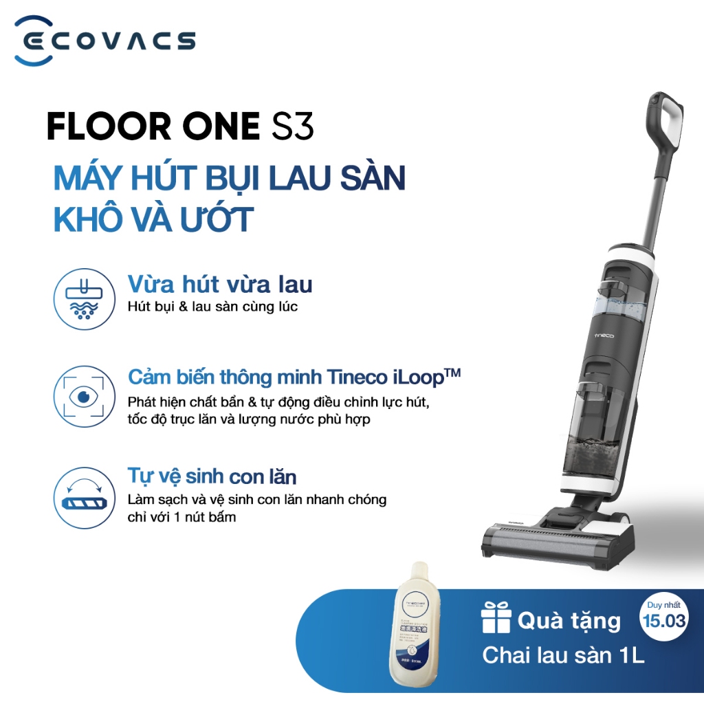 Máy hút bụi lau sàn khô và ướt Tineco FLOOR ONE S3 – Bản quốc tế_Dung lượng pin 4000mAh – Bảo hành 12 tháng