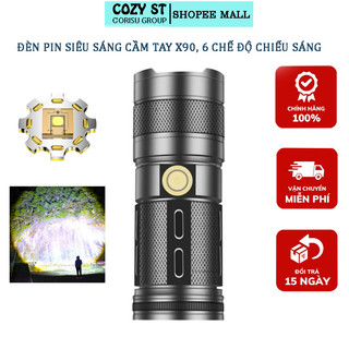 Đèn Pin Cầm Tay Siêu Sáng X90 Corisu, Chip Laser Trắng Chiếu Xa Lên Đến 500M Với 6 Chế Độ Sáng, Chế Độ Zoom Xa Gần
