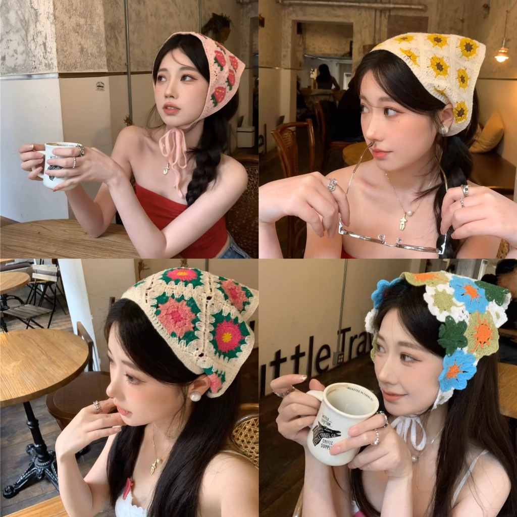 Băng đô Turban len móc, khăn trùm đầu dệt kim tam giác đan hoa ngọt ngào Umihouse