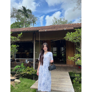 Đầm linen gân hoa xanh