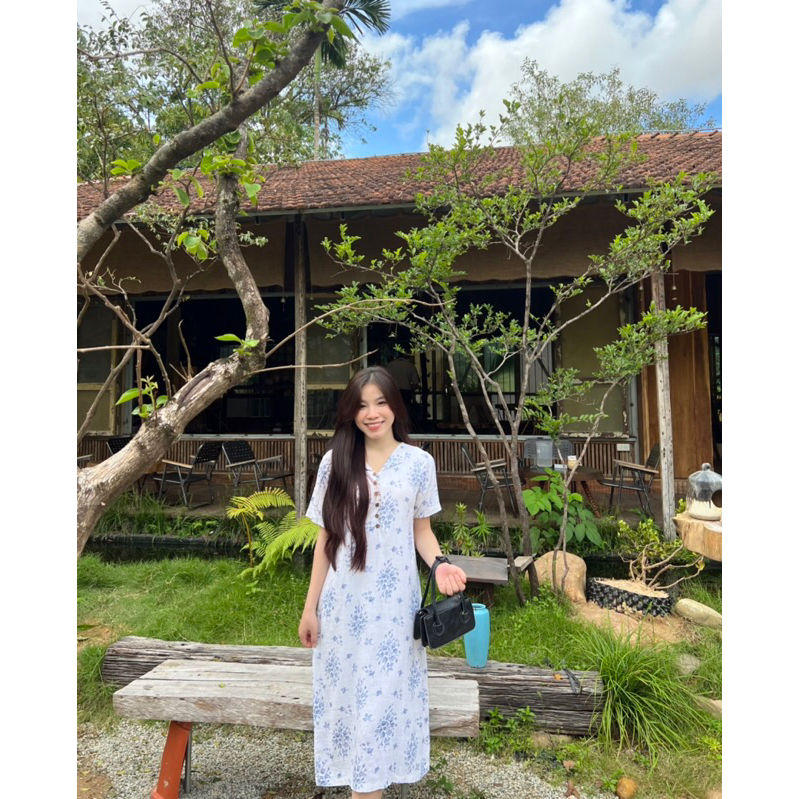 Đầm linen gân hoa xanh