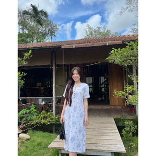 Đầm linen gân hoa xanh