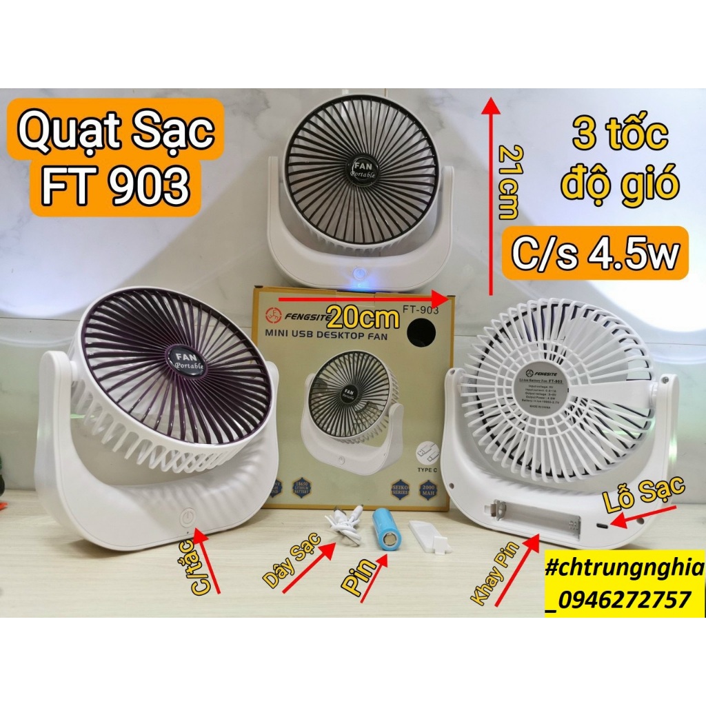 Quạt Sạc Usb Cao Cấp Ky - 903 Cao 22Cm