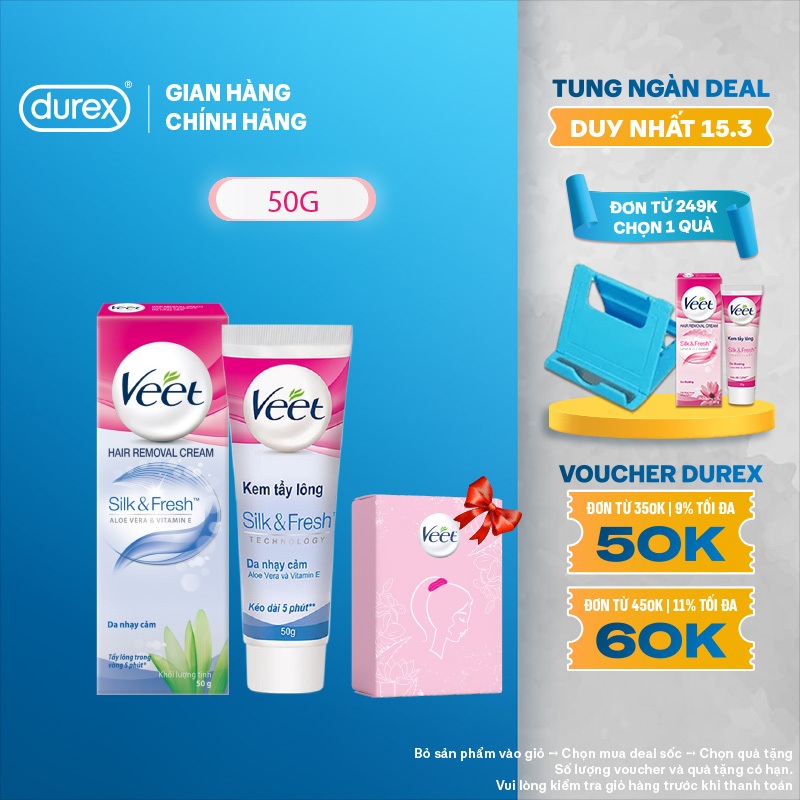 Combo 1 Kem tẩy lông Veet cho da nhạy cảm 50g tặng 1 Hộp dây cột tóc