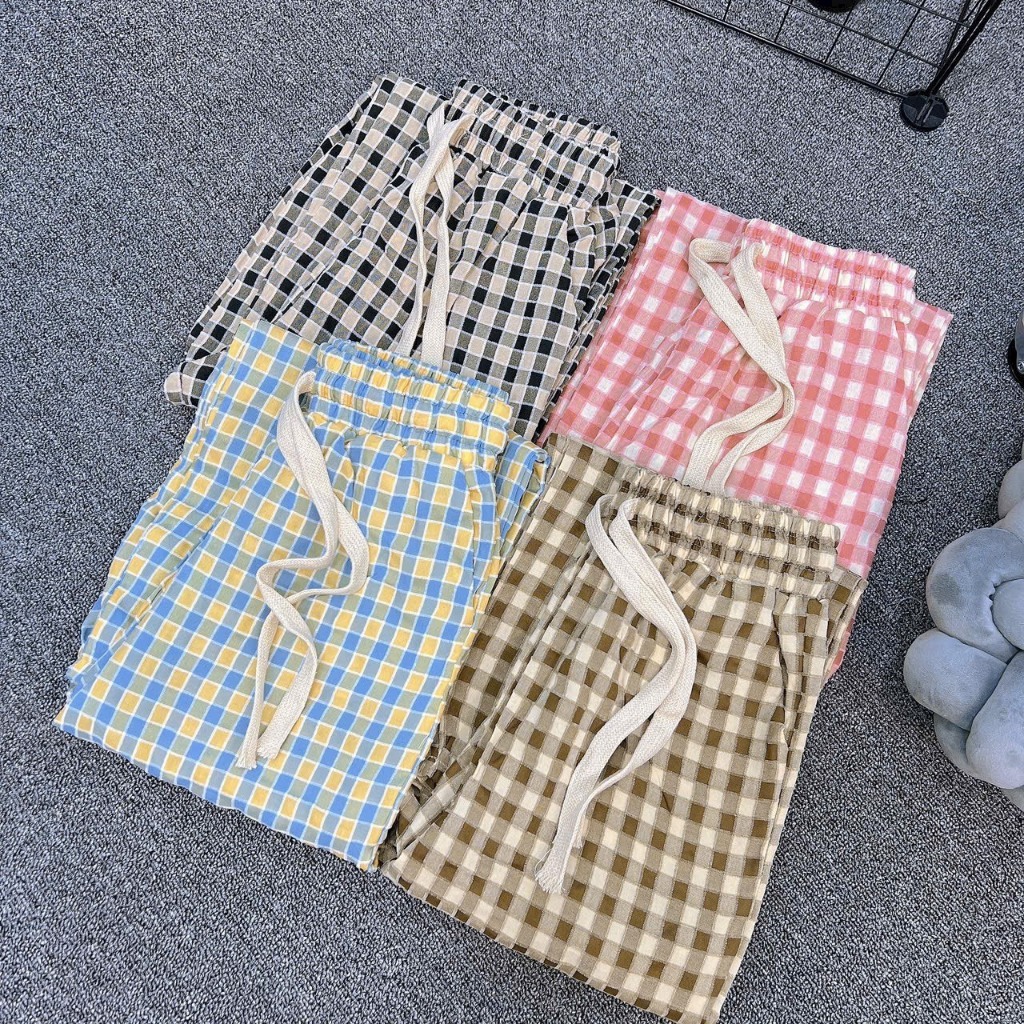 Quần Short Đùi Kẻ Caro Ống Rộng Nữ Lưng Chun Co Giãn Dễ Mặc Kèm Dây Rút Lên From Xinh MA92
