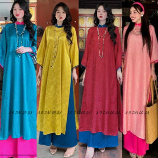 Áo dài dáng suông cách tân gấm tơ tay lỡ cổ màu dễ mặc, đi chơi, đi chụp - Áo dài cô ba
