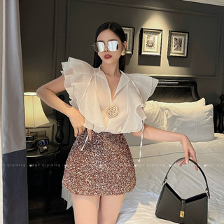 Set đồ nữ tiểu thư sang chảnh áo kiểu cổ bèo cánh tiên phối chân váy dáng A đính kimsa bling bling thiết kế dự tiệc LEVA