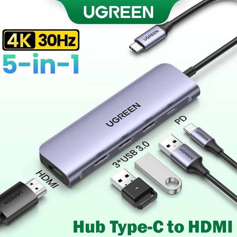 Hub Type C to HDMI Ugreen 5in1 4K30Hz USB 3.0 PD100W 15495 cổng chuyển đổi Type-c cho Macbook iPad Laptop Dell XPS