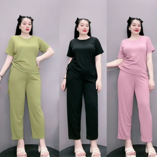 Set đồ bộ bigsize nữ áo thun basic cổ tròn tay ngắn kèm quần ống rộng dài chất vải thun gân SET62