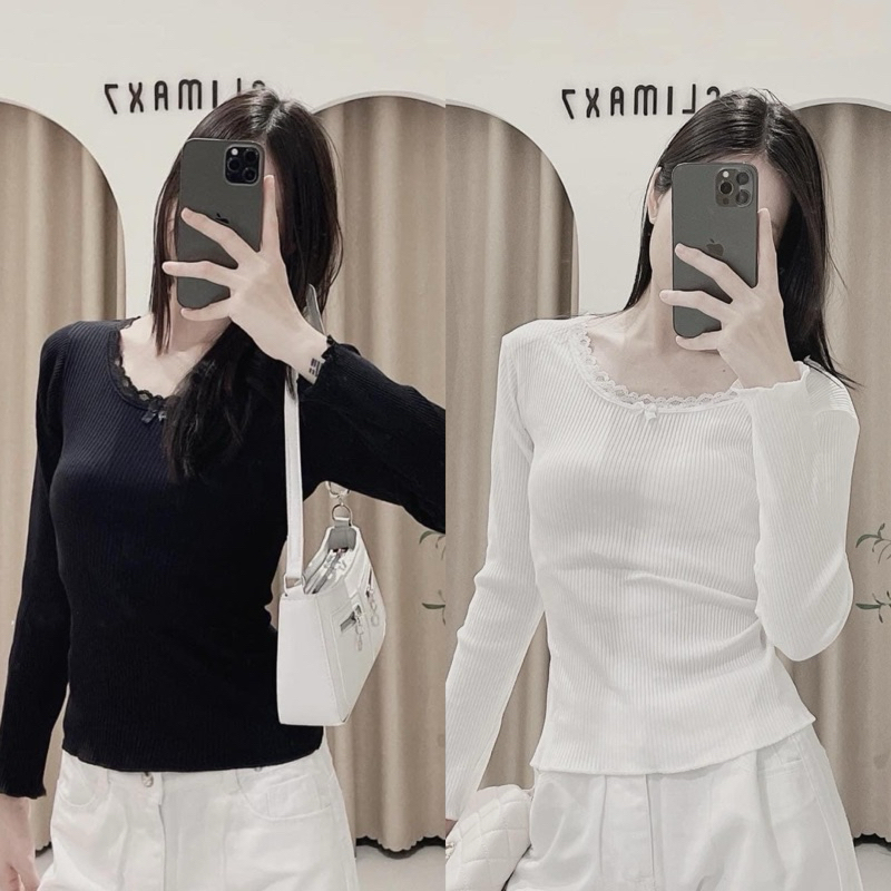 AIMEE áo thun nữ tay dài đính nơ cổ ren form ôm hack dáng chất thun gân