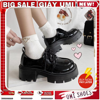 CÓ SẴN Giày oxford ulzzang gót vuông đế bự to dày mũi vuông phong cách Nhật Bản bóng/trơn màu đen tăng chiều cao mới hot