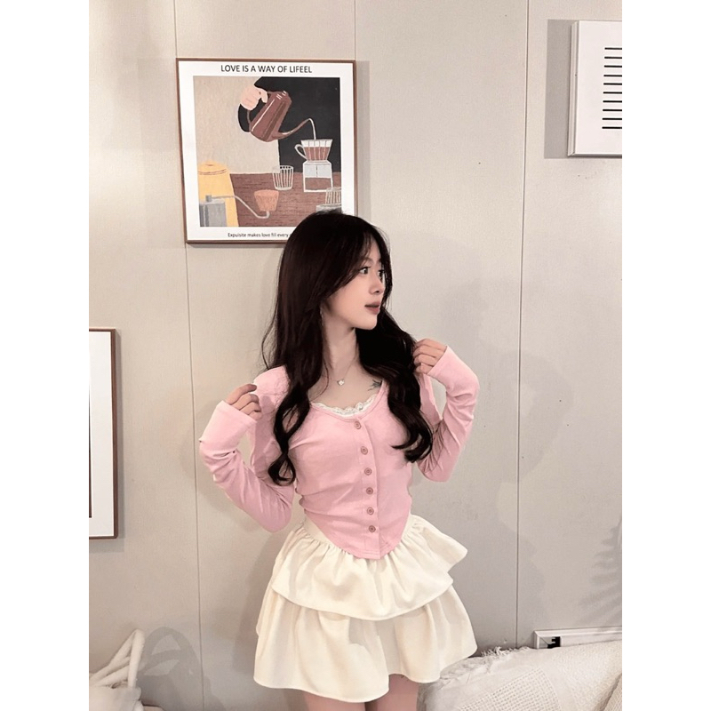 ÁO KIỂU CROPTOP PHỐI REN CÔ HẦU GÁI CÓ BÁN KÈM CHÂN VÁY HAI TẰNG H61 TAY DÀI V115
