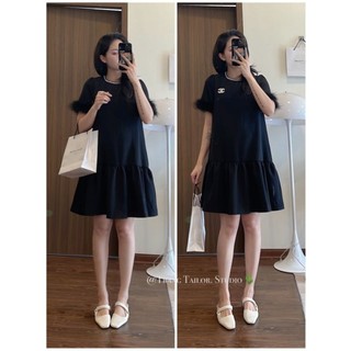 [V4082] VÁY SUÔNG ĐEN ĐUÔI CÁ PHỐI TAY LÔNG KÈM TAG metwo.dearu - Đầm xòe babydoll QC viền cổ chân bồng dày dặn Hàn Quốc
