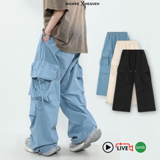 Quần túi hộp ống rộng nam nữ Haven cotton, dây rút jogger bigsize, màu xanh biển, kem Cargo Pant