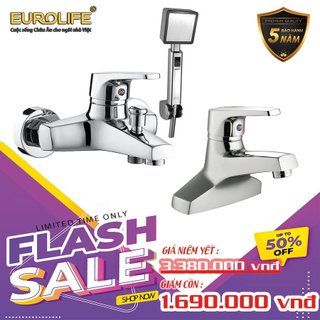 Combo bộ vòi sen nóng lạnh đồng mạ chrome el-iris01 + vòi lavabo nóng lạnh 2 chân el-iris03 eurolife combo el-iris0103