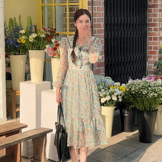 De leah - đầm midi hoa viền cổ - thời trang thiết kế