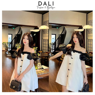 Váy Dự Tiệc Tafta Babydoll Tay Bồng Phối Lưới Đính Nơ Có Mút Ngực Thiết Kế Tiểu Thư Sang Chảnh