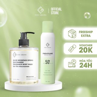 Combo kem chống nắng Five Grains nâng tone Pro-Xylane dạng xịt 160ml, sữa tắm Five Grains dưỡng trắng Niacinamide 500ml