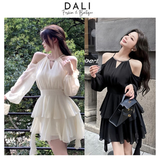 Váy Dự Tiệc Voan Mềm Hở Vai Cổ Đính Dây Ngọc Phối 2 Tầng Dáng Tiểu Thư Sang Chảnh