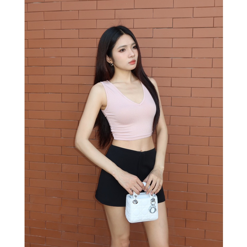 Áo croptop nữ HHVINTAGE kiểu ba lỗ cổ tim co dãn Top A40