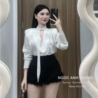 Áo kiểu nữ cổ v tay dài trơn xếp ly thời trang thanh lịch phù hơp đi chơi, đi làm công sở