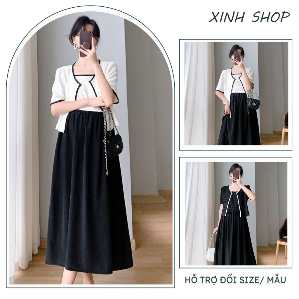 Set đầm váy bầu gồm áo cộc tay và váy siêu xinh - Đầm bầu công sở hàng thiết kế hottrend năm 2024 freesize