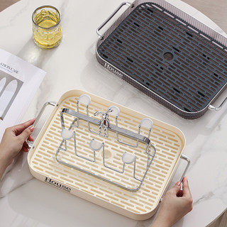 Khay nhựa 2 lớp màu kem đựng cốc chén, giá úp cốc Thỏ bạc