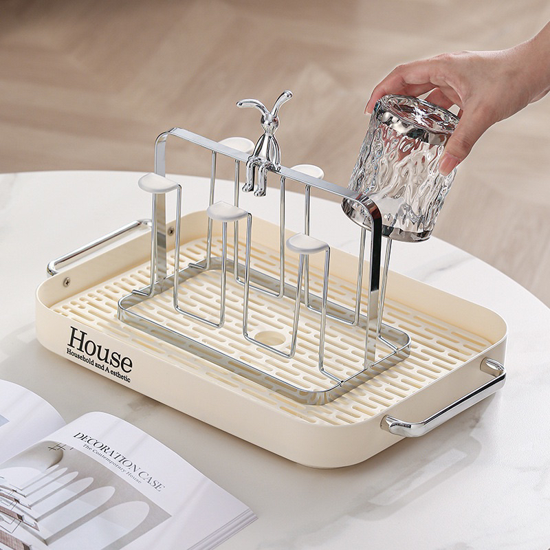 Khay nhựa 2 lớp màu kem đựng cốc chén, giá úp cốc Thỏ bạc