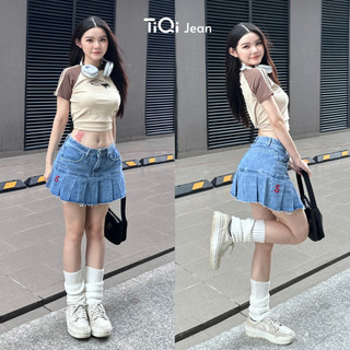 Chân váy jeans xếp ly ngắn họa tiết số Modern Denim Skirt V1-323