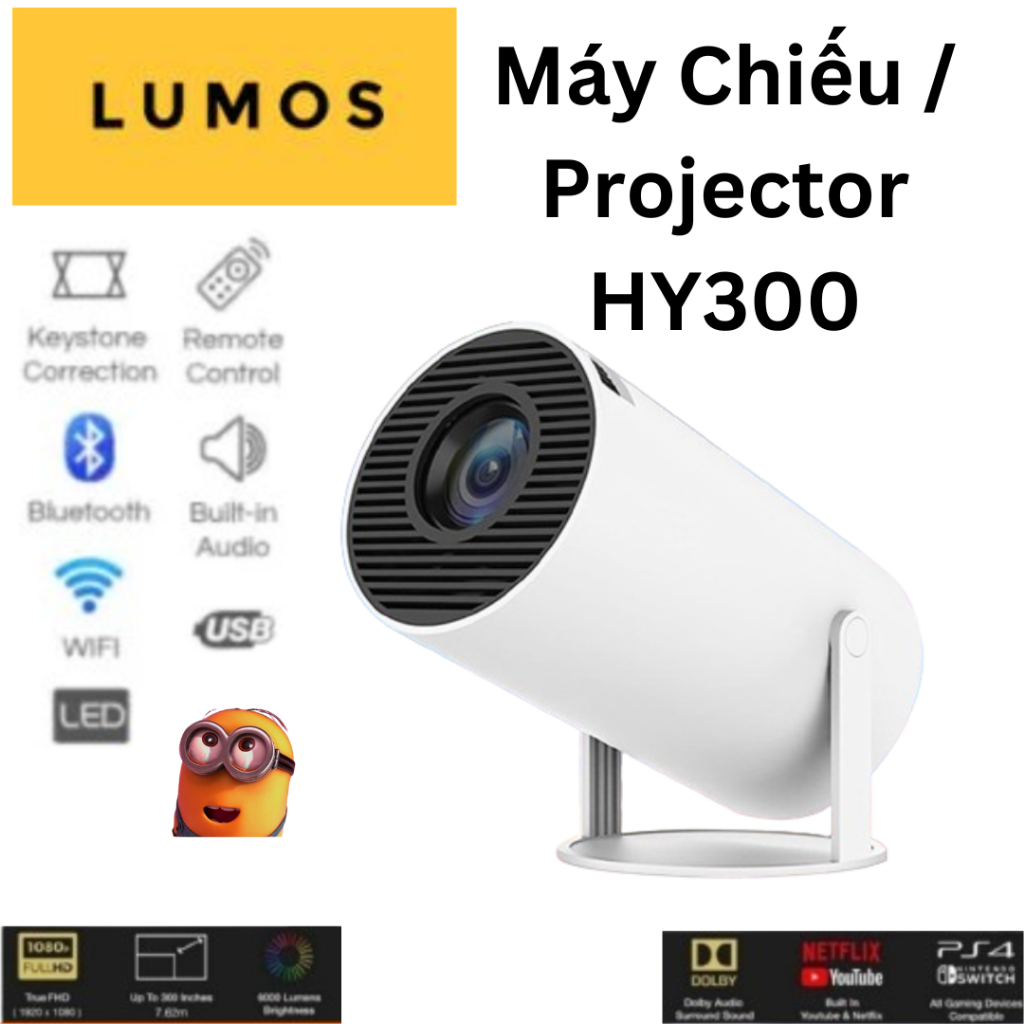 Máy chiếu mini LUMOS HY300 Full HD android 11.0 Bluetooth 5.0 cho điện thoại máy chiếu phim mini máy chiếu điện